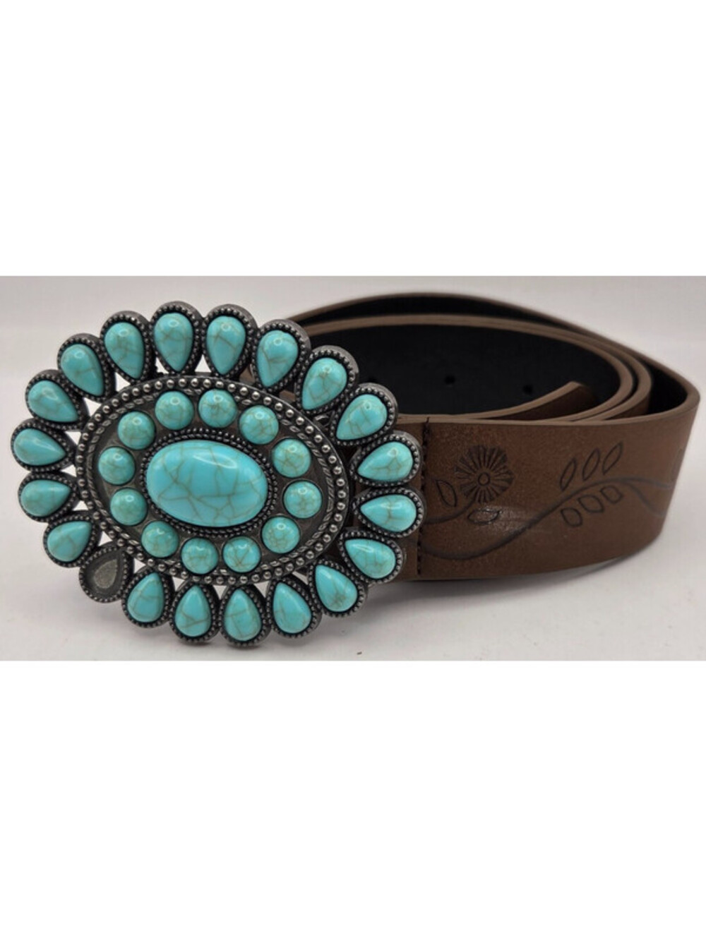 Western Brown Leather Belt Turquoise Concho Buckle 39" Floral Tooled Good
